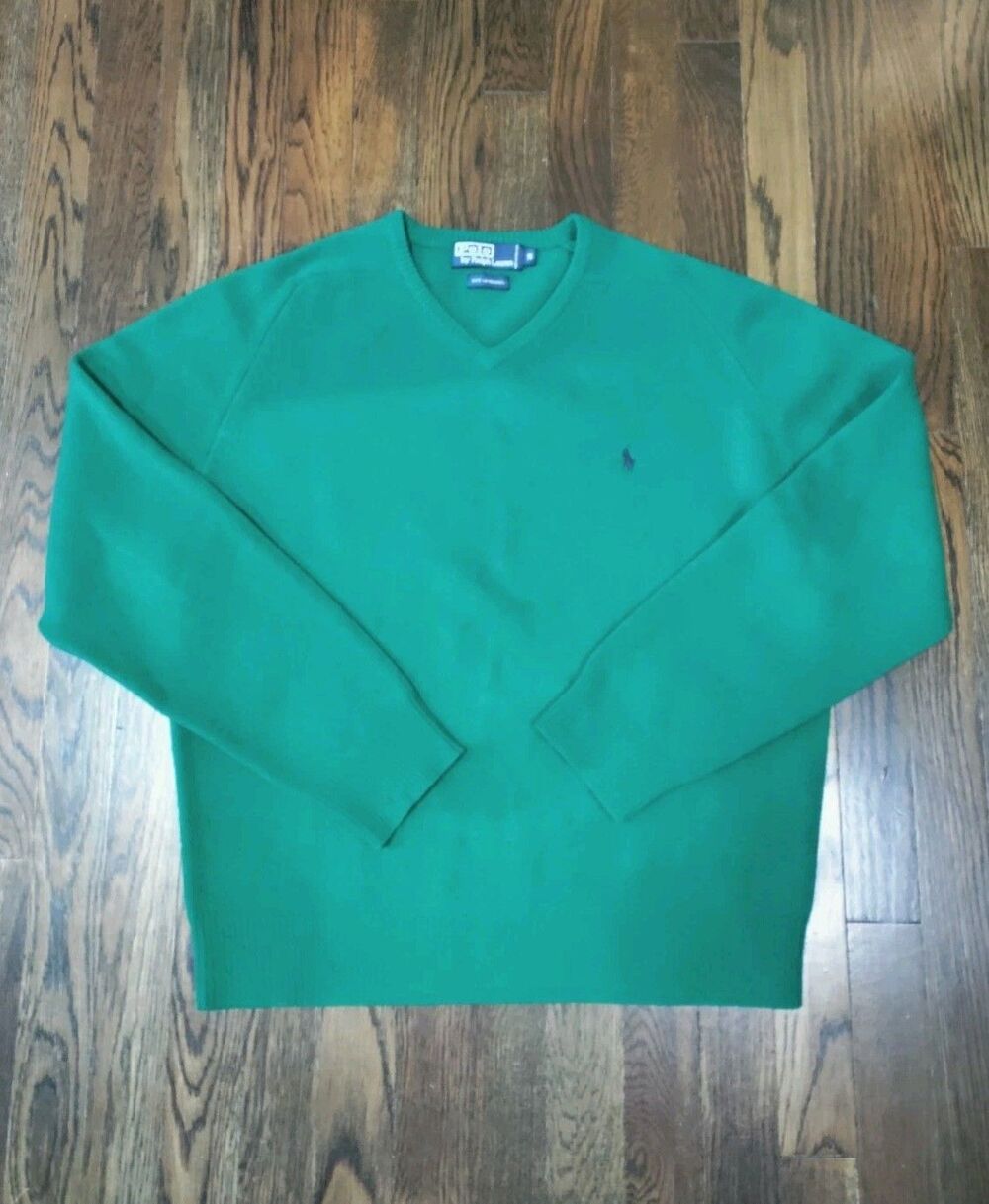 VTG Polo Ralph Lauren Lambs Wool Sweater Men's M Green V Neck Pullover Pony Logo